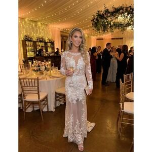 Women Wedding Bridal Gown Dress XS/S Lace Floral Appliqué Sheer Long Sleeve Nude